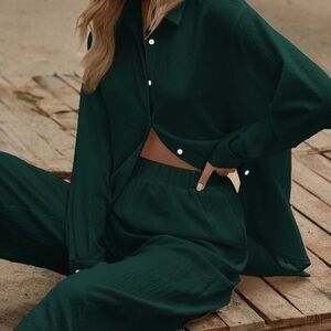 SHEIN Dark Green Button-Up Matching Set